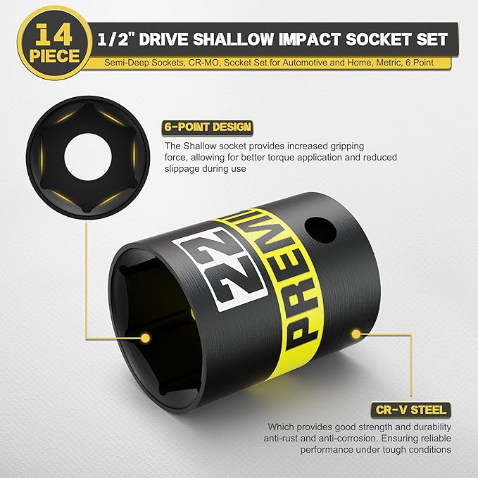 14-Piece 1/2" Drive Shallow Impact Socket Set, 11-32mm, Semi-Deep Sockets, CR-V, Socket Set for Automotive and Home, Metric, 6 Point