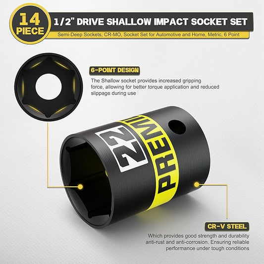 14-Piece 1/2" Drive Shallow Impact Socket Set, 11-32mm, Semi-Deep Sockets, CR-V, Socket Set for Automotive and Home, Metric, 6 Point