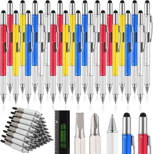 Yeaqee 24 Pcs Stocking Stuffers Bulk for Men 6 in 1 Screwdriver Multi Tool Pens with Refills Ruler Level Gauge for Party Favor Father's Christmas White Elephant Gifts (Classic Color)