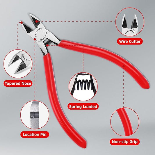 HAUTMEC 5" Precise Small Flush Cutters of Engineer Wire Cutters Pliers 2PCS Side Cutters with Location Pin for Fine Shearing, Perfect for Circuit Board Cutting, Electronic Components, HT0327-2PC