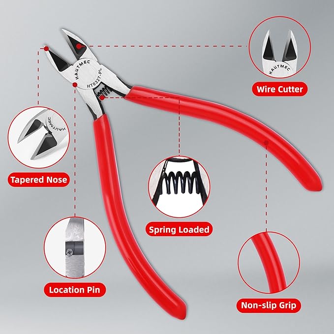 HAUTMEC 5" Precise Small Flush Cutters of Engineer Wire Cutters Pliers 5PCS Side Cutters with Location Pin for Fine Shearing, Perfect for Circuit Board Cutting, Electronic Components, HT0327-5PC