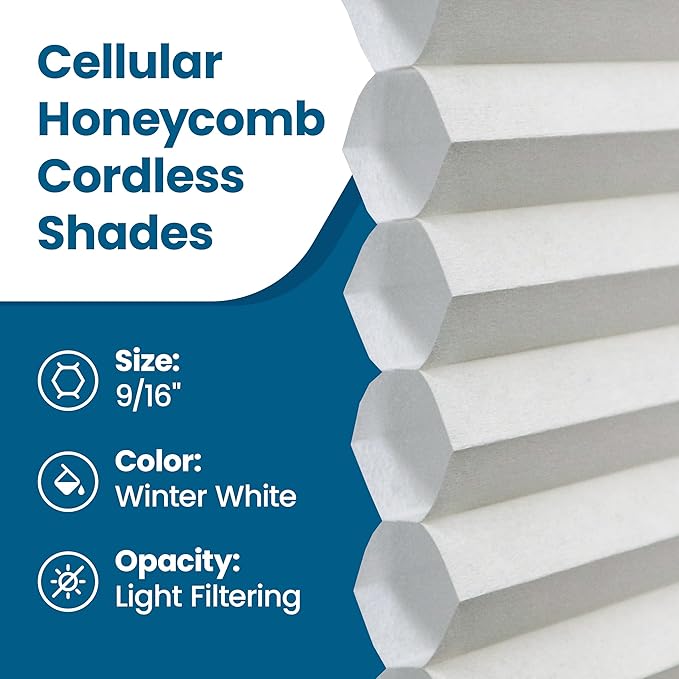 BlindsAvenue Cellular Honeycomb Cordless Shade, 9/16" Single Cell, Light Filtering, Winter White, Size: 56.5" W x 48" H