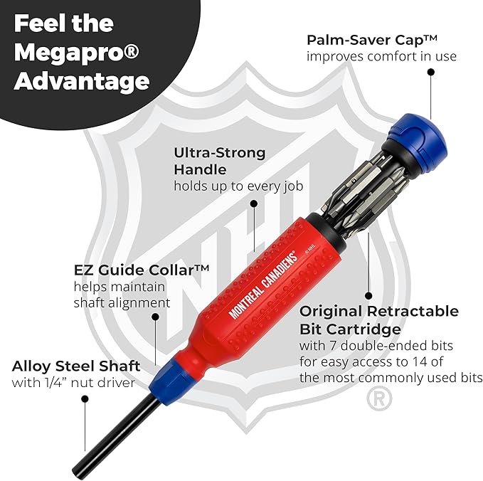 MEGAPRO짰 NHL짰 Team Edition Multi-bit Screwdriver | Officially Licensed NHL짰 Gear | Durable, Ergonomic, Pro-Grade Screwdriver (Montreal Canadiens짰)
