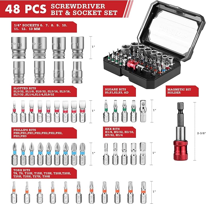 ARROW 48-Piece 1/4" Screwdriver Bit & Socket Set, Color-Coded S2 Steel Drill Bits with Magnetic Bit Holder, 6–13mm CR-V Sockets, Compatible with Power Drill, Screwdriver & Mini Ratchet Wrench