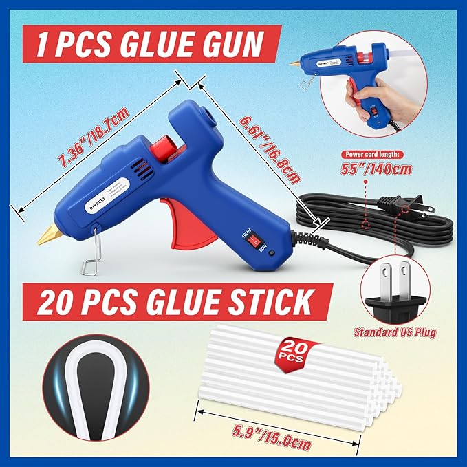 DIYSELF Hot Glue Gun Full Size, 1 Pcs Glue Gun with 20 Extra Glue Sticks, Heavy Duty Hot Glue Guns for Crafts, Repair, Arts, Decorations, and Handmade DIY Projects, Heat Glue Guns 60/100W (Blue)