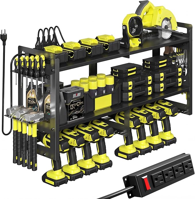 TOPRINCE Large Power Tool Organizer Wall Mount with Charging Station, 3-Tier Heavy Duty Metal Tool Rack with 8 Drill Holders and 6FT Power Strip, Garage Workshop Storage.Black