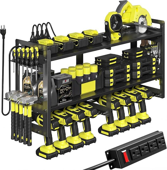 TOPRINCE Large Power Tool Organizer Wall Mount with Charging Station, 3-Tier Heavy Duty Metal Tool Rack with 8 Drill Holders and 6FT Power Strip, Garage Workshop Storage.Black
