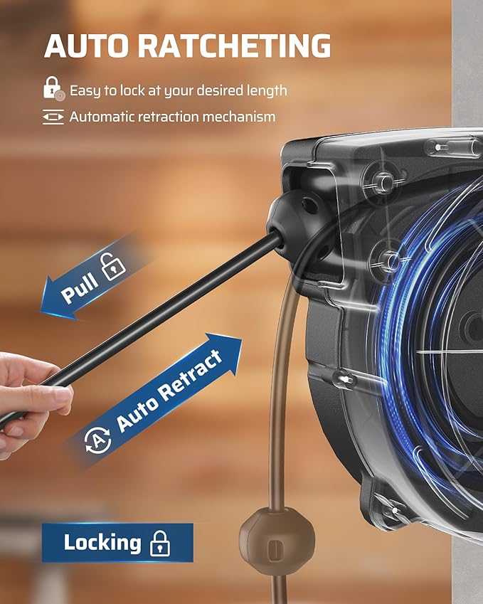 DEWENWILS Extension Cord Reel, 40FT Retractable Cord Reel, 12/3AWG SJTOW, Lighted Triple Tap Outlets, 15 Amp Circuit Breaker, Ceiling/Wall Mount, UL Listed