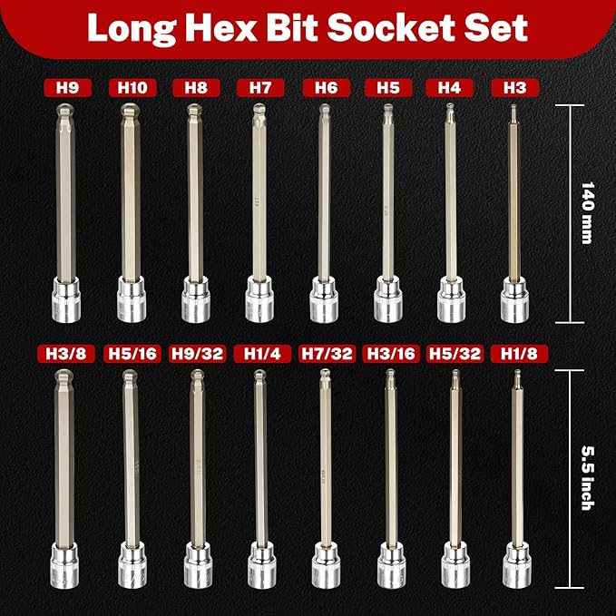 TOMMARS 16-Pc 3/8 Inch Drive Ball End Long Hex Bit Socket Set, Extra Long Allen Socket Set, CR-V and S2 Steel, SAE & Metric 1/8-3/8 in., 3-10 mm.