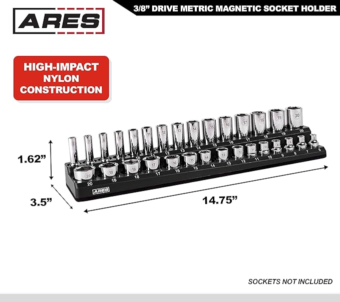 ARES 70235-30-Piece 3/8-Inch Metric Magnetic Socket Holder - Securely Holds 15 Standard and 15 Deep Size Sockets in Place - Keeps Your Tool Box Organized