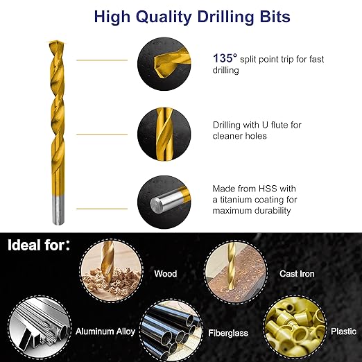99 Pieces Titanium Twist Drill Bit Set, 135째 Tip High Speed Steel, Size from 1/16" up to 3/8", Ideal Drilling in Wood/Cast Iron/Aluminum Alloy/Plastic/Fiberglass, with Hard Storage by HURRICANE