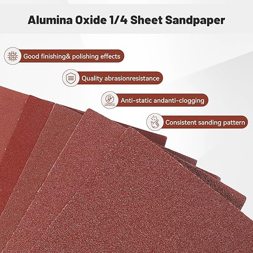 1/4 Sandpaper Sheet ??4-1/2??x 5-1/2?? P80 Grit, Red Aluminum Oxide, Plain Backing, 50-Pack ??Sandpaper Sheets for Palm Sanders and Woodworking