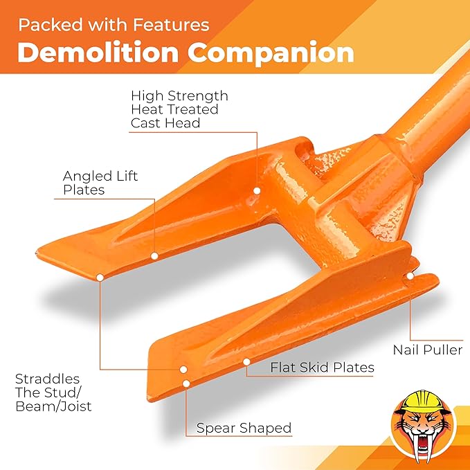 Gutster 48??Demolition Pry Bar & Crowbar ??Round Handle Wrecking Bar for Ceiling & Wall Demo ??Heavy Duty Nail Puller Tool for Contractors, Firefighters & Home Renovations