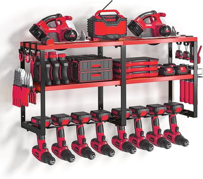 Power Tool Organizer Wall Mount, Heavy Duty Cordless Tool Organizer 8 Drill Holder, 3 Layer Garage Organization for Storage Rack, Suitable Tool Rack for Tool Room, Workshop, and Storage (Red)