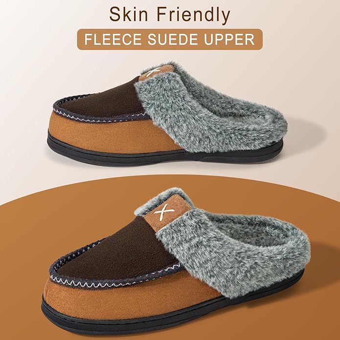 Homitem Mens Slippers Moccasins Memory Foam Fuzzy Slippers for Men Wool-Like Plush Fleece Lined House Shoes Indoor Outdoor Anti-Skid Rubber Sole Home Bedroom