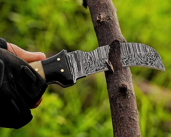 Handmade Damascus Steel Hawkbill Knife with Leather Sheath, Professional Lineman's Utility Blade for Wire Skinning, (G10)