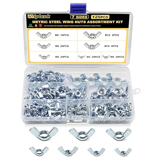 Siptenk Metric Wing Nuts 125PCS, M3 M4 M5 M6 M8 M10 M12 Wingnuts 7 Assorted Sizes Carbon Steel Zinc Plated Butterfly Wing Nut Fasteners Hardware Assortment Kit