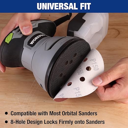 WORKPRO 150-Piece 150 Grit Sanding Discs - 5-Inch 8-Hole Hook and Loop Sandpaper for Random Orbital Sander (Not for Oscillating Tools or Mouse Sander)