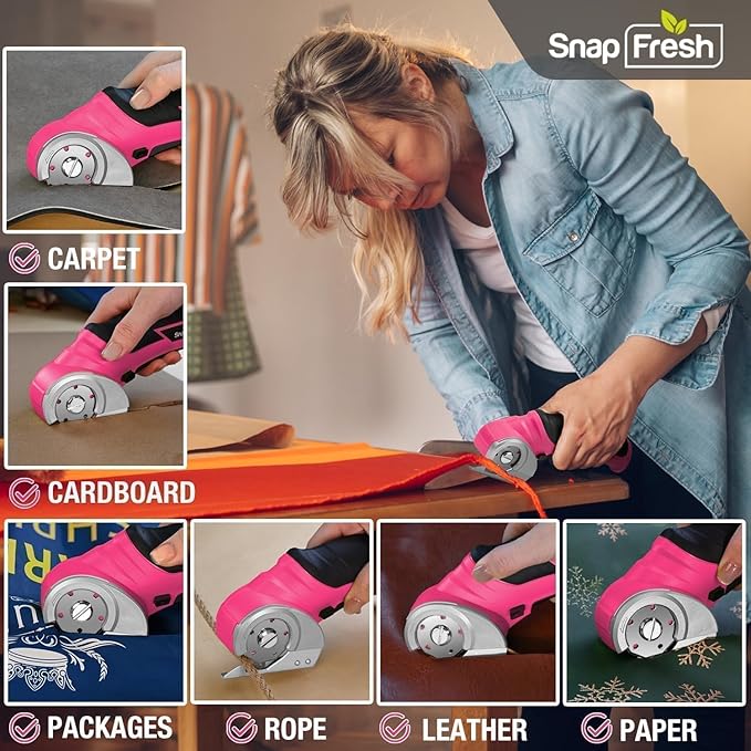 SnapFresh Cordless Electric Scissors- 4V Mini Cardboard Cutter for Boxes, Carpet, Paper ??Rotary Cutter for DIY Projects, Safety Box Cutter with Battery & Type-C Cable(Hot Pink)