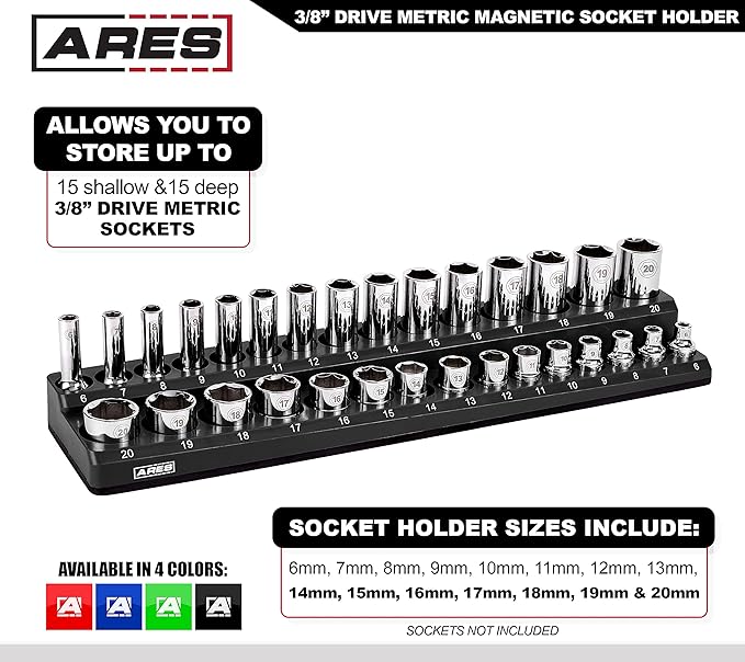 ARES 70235-30-Piece 3/8-Inch Metric Magnetic Socket Holder - Securely Holds 15 Standard and 15 Deep Size Sockets in Place - Keeps Your Tool Box Organized