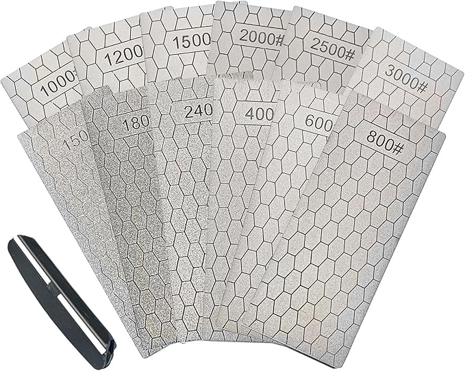 Diamond Sharpening Stone Set,12 Pcs Diamond Lapping Plate Coarse/Medium/Fine Grit Sharpener, 150/180/240/400/600/800/1000/1200/1500/2000/2500/3000 Grit竊똏erfect Assistance Sharpener Angle Guide