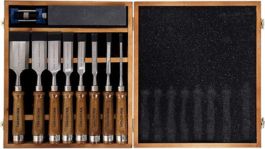 10-Pieces Woodworking Wood Chisel Set with Wooden Box, Honing Guide, Sharpening Stone, Razor Sharp CR-V 60 Steel Blades