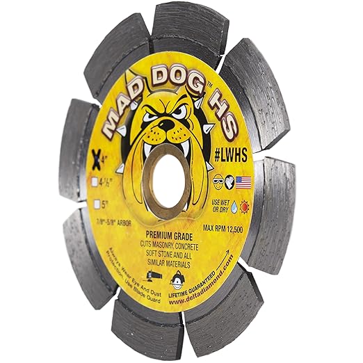 Delta Diamond Mad Dog HS 4 Inch Segmented Diamond Blade, .080 X 7/8"-5/8" Arbor, Premium, Wet/Dry, Laser-Welded, General Purpose Cutting Concrete, Masonry, Stone (4")