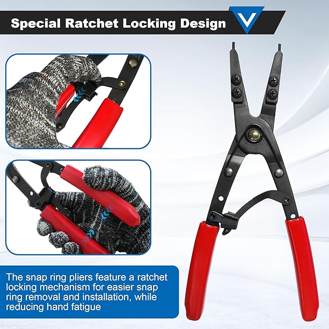 38700 Spindle Snap Ring Pliers, Internal External Heavy Duty Plier Circlip Installation Removal Red Automotive Tool Kit for Ford Pickups 2007 and Newer with Ratcheting Lock Mechanism
