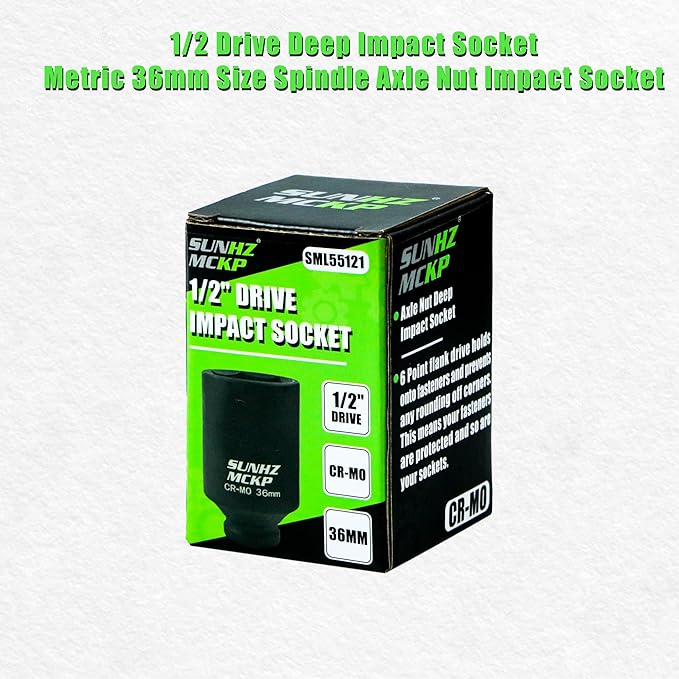 SUNHZMCKP 36mm Socket | 1/2??Drive Deep Impact Socket | 6 Point |CR-MO | Spindle & Axle Nut Impact Grade Socket for Easy Removal (METRIC 36 mm)