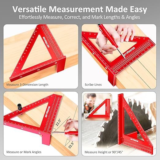 8 inch 3D Multi-Angle Measuring Square Ruler, WT103C High Precision Hole Scribing Woodworking Tools, 0-90째 Aluminum Alloy Carpenter Square with Stair Gauges, Carpenter Pencils 6 Refills.