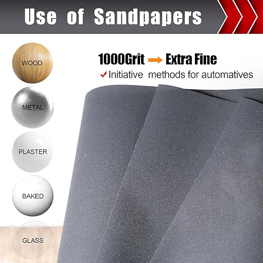 1000 Grit Silicon Carbide Sandpaper, Wet Dry Sandpaper Sheets, 9" x 11", 12 Sheets, Grey, Paper Backed, Compatible with Wood, Metal, Fiberglass, and Various Sanders