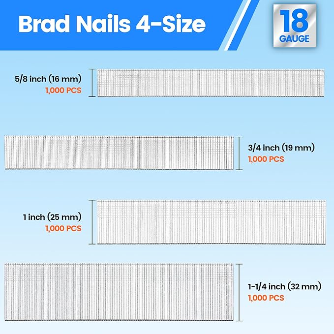 meite 18 Gauge Brad Nails, 4,000-Count Assorted 4 Sizes (5/8", 3/4", 1", 1-1/4 Inch) Galvanized Finish Nails for Pneumatic, Electric 18GA Brad Nailer Nail Guns Trim, Project Pack Assortment (5 Boxes)
