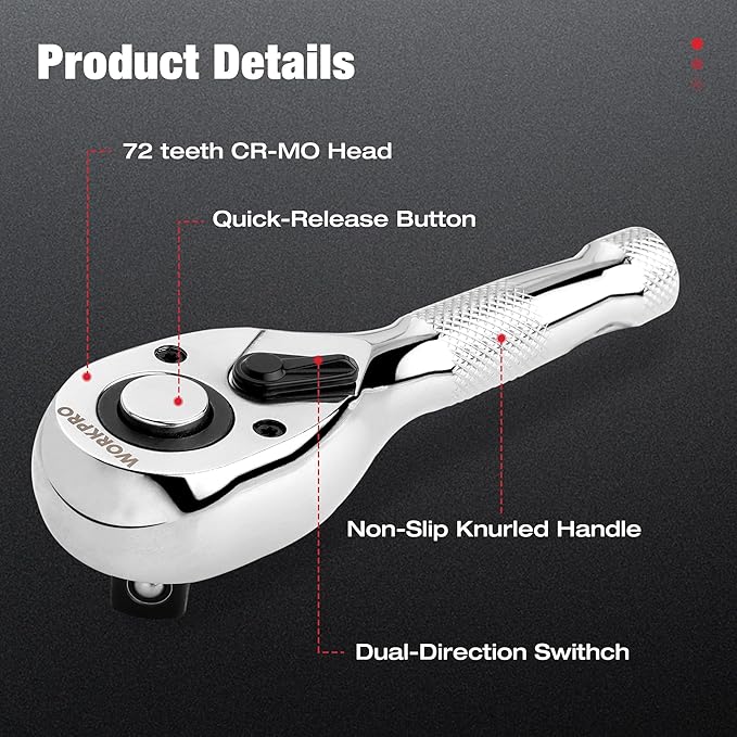 WORKPRO 3-Piece Stubby Ratchet Set, Quick Release Reversible, 1/4", 3/8", 1/2" Drive Mini Ratchet Handles, Chrome Alloy Made, CR-MO Head, 72-Tooth, Full Polished