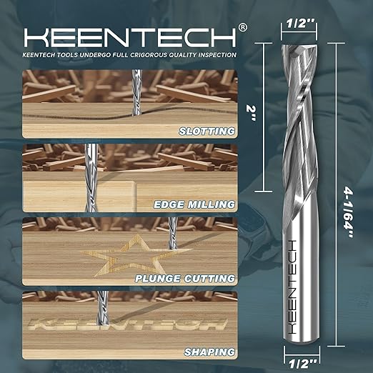 KEENTECH 1/2" Shank Upcut 2 Flute Flat Tip Sprial Router Bit for CNC Router Machine, 1/2" Cutting Diameter, 2" Cutting Depth, for Wood Cutting, Custom Furniture, Slot Mortise, Engraving, Carving