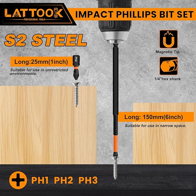 13-Pack Impact Phillips Bits Set, LATTOOK #1, #2, #3 Magnetic Anti Slip Long Phillips Screwdriver Bits Set, 1/4" Hex Shank S2 Steel, Ph1, Ph2, Ph3