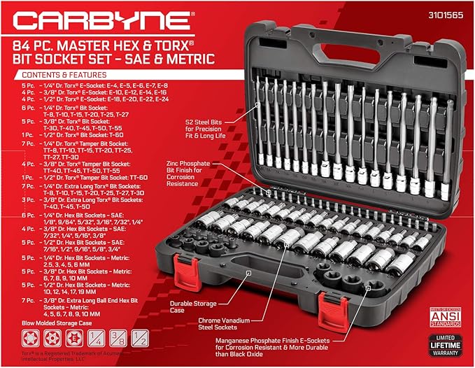 CARBYNE 84-Piece Master Hex & Torx Bit Socket Set & External-Torx Socket Set | S2 Steel Bits, CrV Steel Sockets, Corrosion Resistance, Durable Case | 1/4", 3/8" & 1/2" Dr.