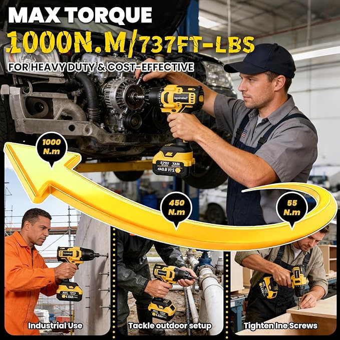 1/2 inch Impact Wrench Cordless, (1000 N.m) 737 Ft-lbs Hight Torque Wrench,20V Power Impact Driver, Brushless Motor 3300 RPM, 2x 6.0AH Li-ion Battery,Charger,6 Sockets