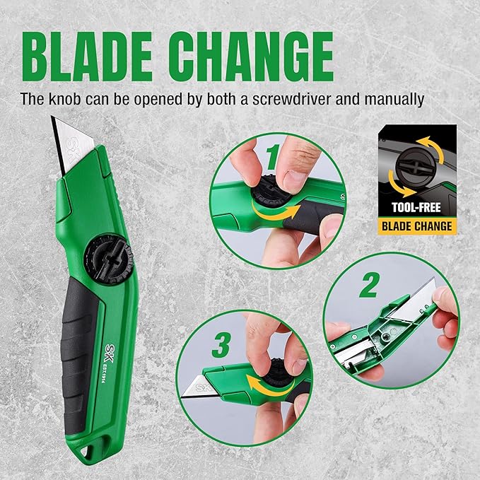 SK Fixed Blade Utility Knife, Heavy Duty Zinc Alloy Box Cutter, Tool-Free Blade Change, Blades Storage in Shell, Extra 5 SK2M Blades Included