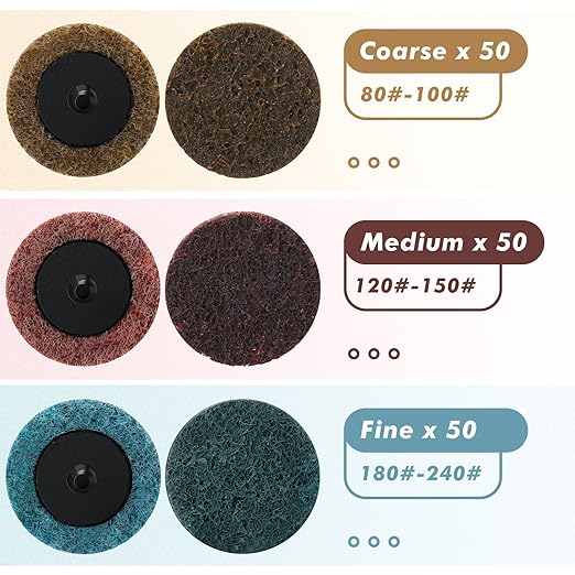 Macarrie 150 Pcs 2 Inch Surface Conditioning Sanding Discs Quick Change Fine Medium Coarse Sanding Pads Die Grinder Accessories for Surface Strip Grind Polish Burr Finish(Aluminum Oxide)