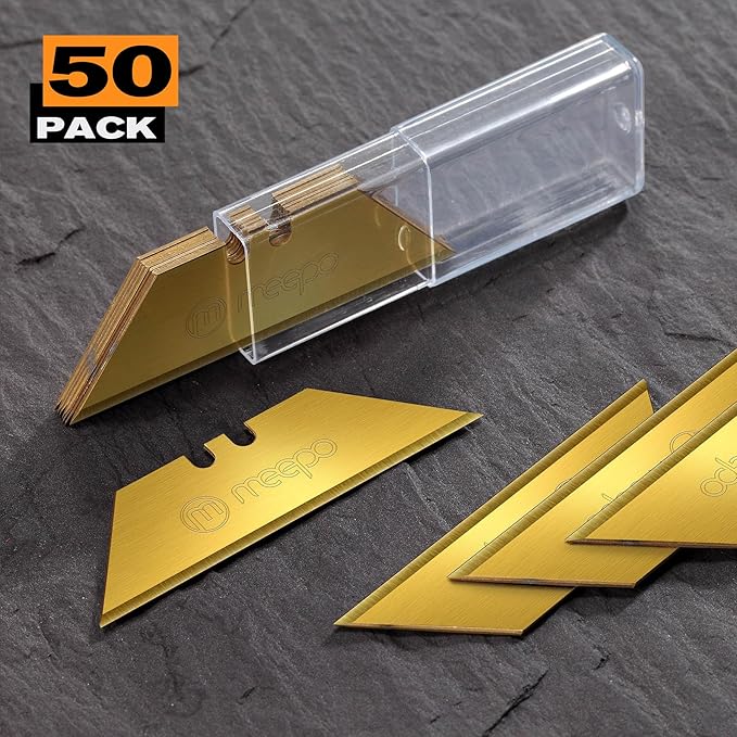 50-Pack Utility Knife Blades, Titanium Fully Plated, Durable SK-2 Razor Blades for Utility Knife Box Cutter, Never Rust, Extra Durable