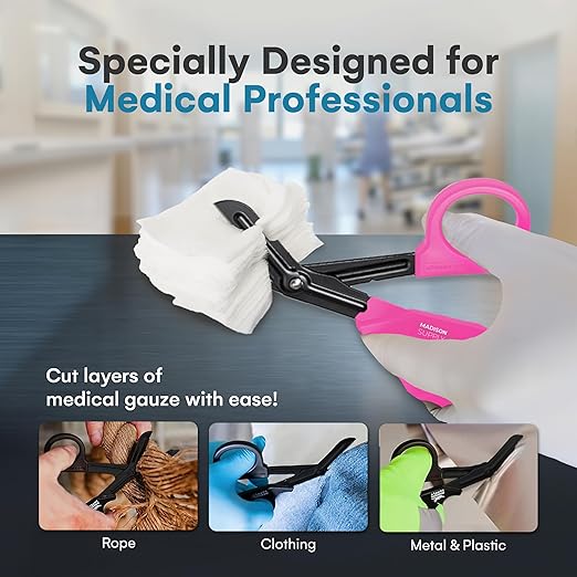 Madison Supply Medical Scissors, EMT and Trauma Shears - 7.5 Inch Quality Stainless Steel Bandage Scissors - Fluoride-Coated with Non-Stick Blades - 2 Pack (Black/Pink)