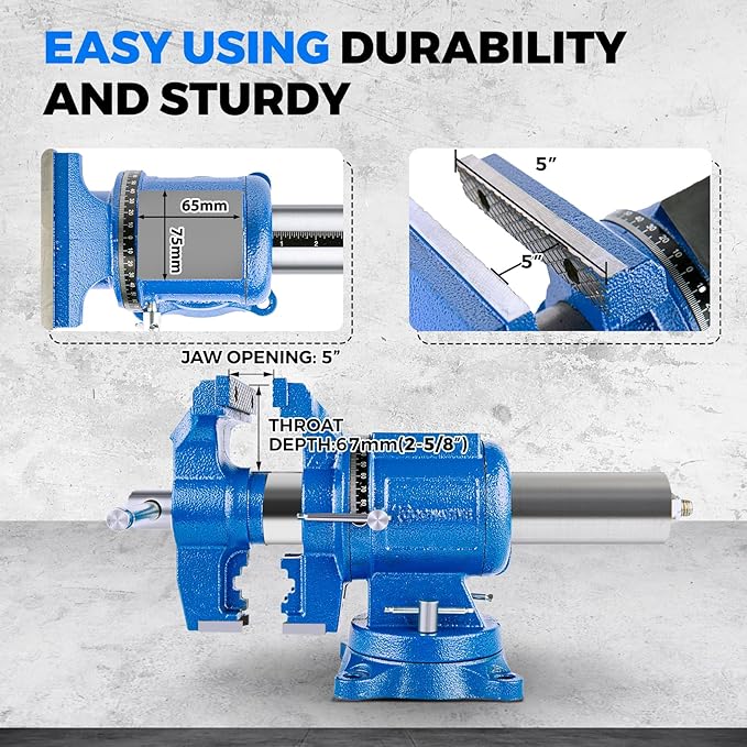 COGNATIVE 5-Inch Heavy Duty Bench Vise Ductile Iron Bench Vise 360째 Multi-Purpose Bench Vice with Anvil, Clamp force 4000KG, Blue