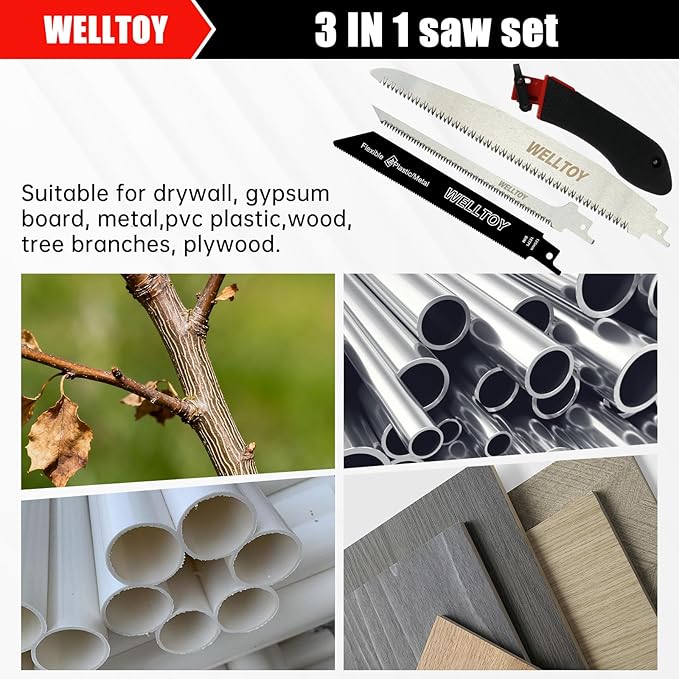 3-in-1 Multi Blades Hand Saw,18 TPI Bi-Metal blade,Drywall Saw with TPR Handle,Blade Quick-Change Mechanism for Cutting Drywall, Sheetrock, Wood, Metal, Plastic and Plywood.