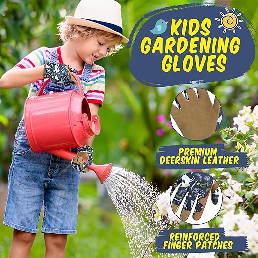 HANDLANDY Kids Genuine Leather Gardening Gloves for ages 3-11, Children Toddler Work Outdoor Playing Gloves for Boys Girls Gift (Large (for age 8-11), Blue)