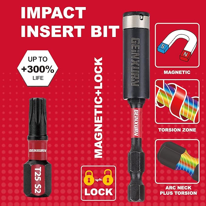 15Pieces T25 1 In. Insert Driver Bits, Impact Tough Magnetic #25 Torx Head Power Bits, S2 Alloy Steel T25 Screwdriver Bits Set with 1Pcs Impact Bit Holder, GT25025-051