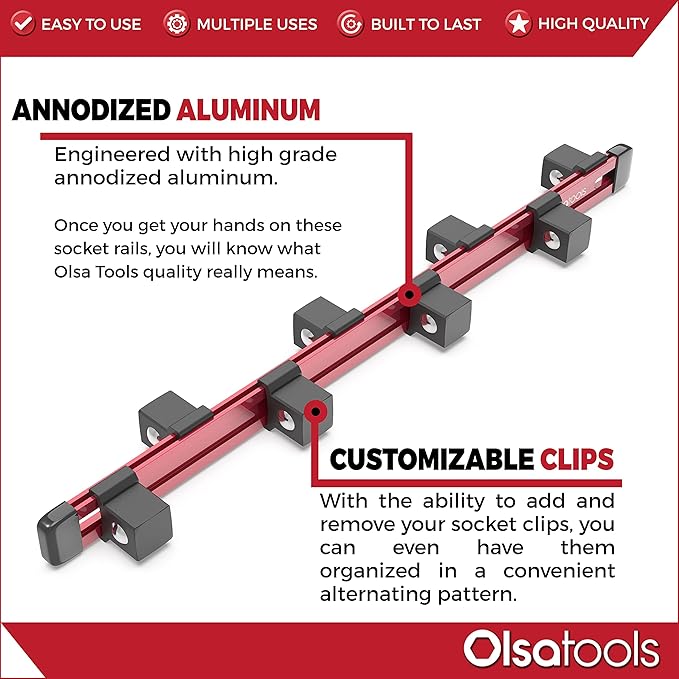 Olsa Tools Socket Organizer - 3/4-Inch Drive - Red Rail Holder for Impact Sockets - Heavy-Duty Storage for Mechanics - Professional Grade Metric or SAE Socket Organizer - Part: 1133