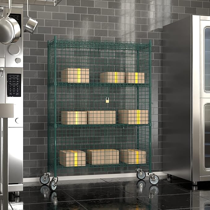 Commercial Grade NSF Listed Metal Wire Mesh Storage Green Epoxy Mobile Security Cage Kit, 18" x 48" x 70", Perfect for Warehouse, Walk-in Refrigerator, Freezer, Grocery Store, Restaurant, Dishroom