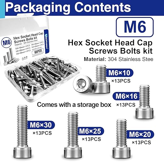 65Pcs M6 Hex Socket Head Screws, Stainless Steel Full Thread Bolts Assortment Kit in 10mm, 16mm, 20mm, 25mm, 30mm