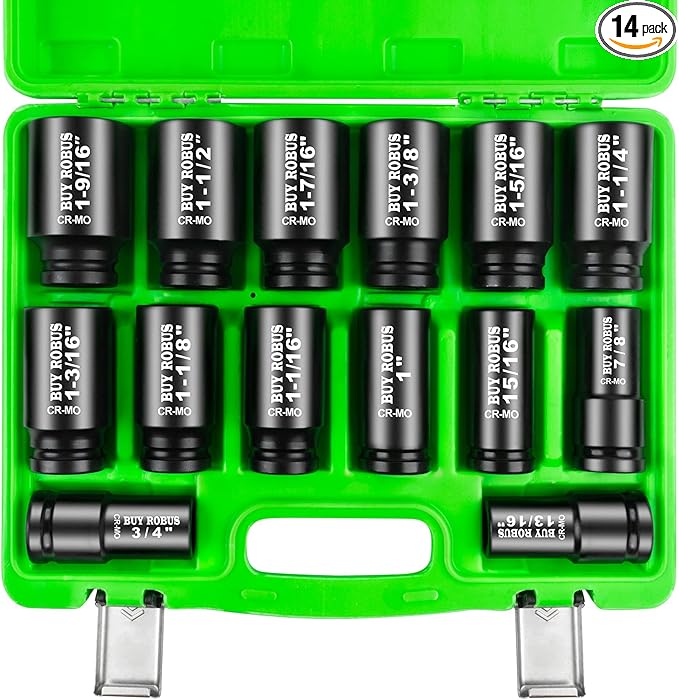 3/4 inch Drive Impact Socket Set, 14 Piece Heavy Duty CR-MO Deep and Jumbo Sockets 6 Point Design, SAE 3/4" to 1-9/16", for Large Vehicle and Apparatus Maintenance