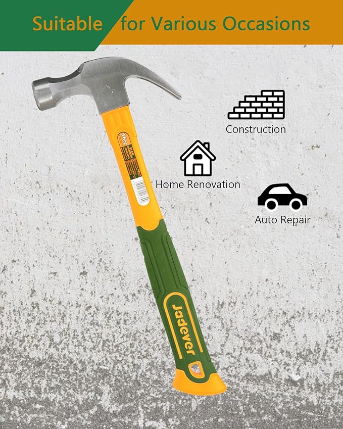 16oz Claw Hammer, Curved Rip Claw, Shock Absorbing Handle, Drop Forged & Heat Treated, Fit for Woodworking/Clamping/Drilling